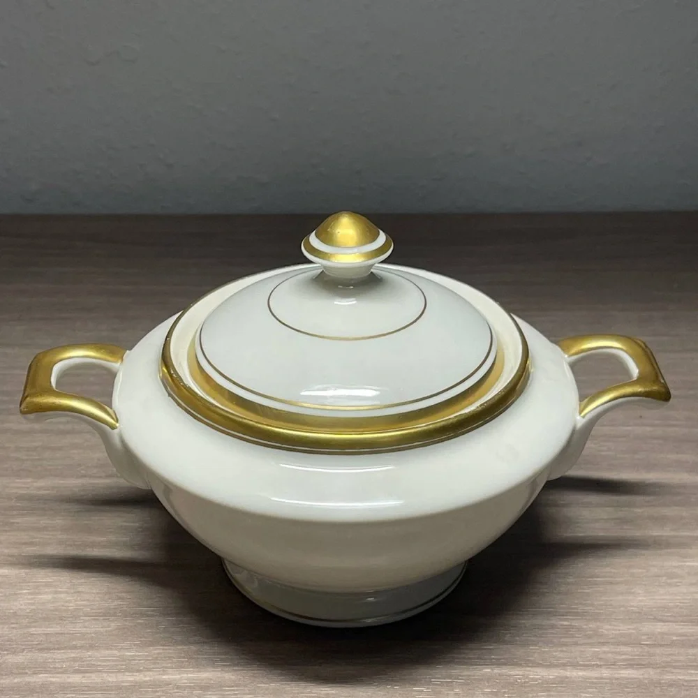Vintage Warwick China‎ Sugar Bowl with Lid White Gold Rim Handle Made in the USA